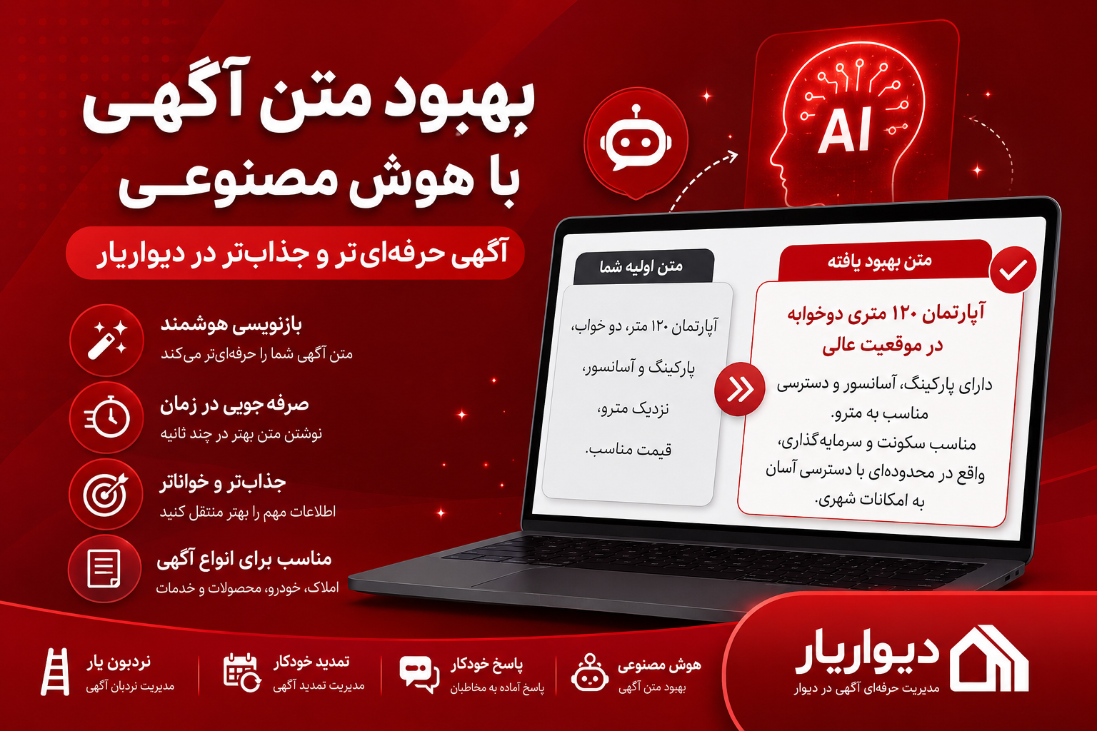 بهبود متن آگهی با هوش مصنوعی | قابلیت هوش مصنوعی دیواریار